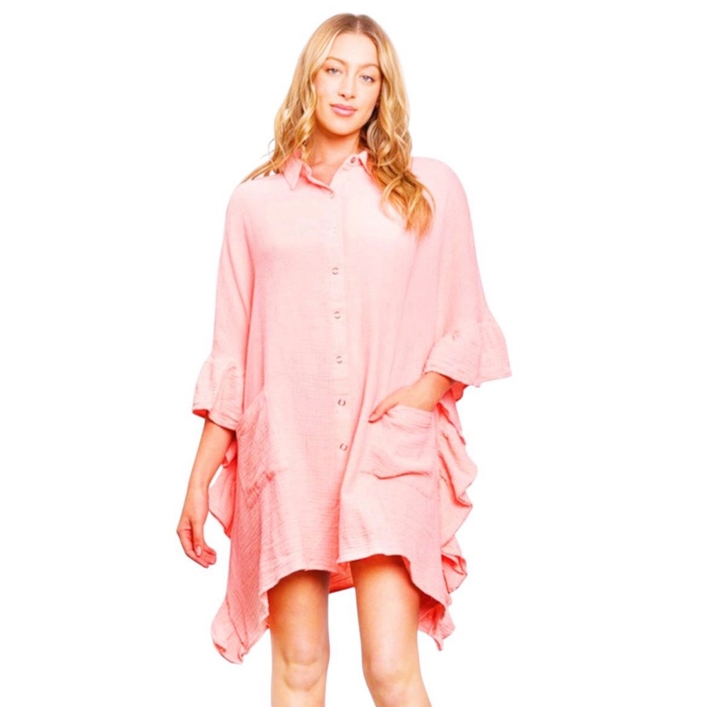 NEW Bluevelvet Salmon Hot Pink “Beach Please” Blue Clam Shell Coverup Dress - Picture 3 of 5
